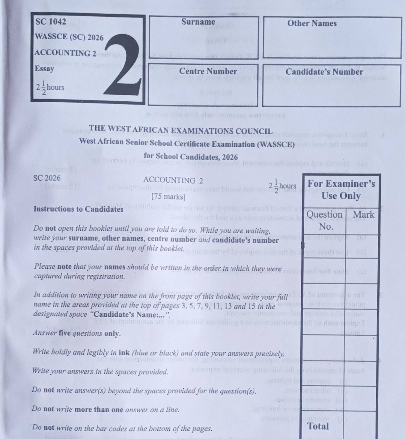 Waec 2026 Accounting Questions and Answers