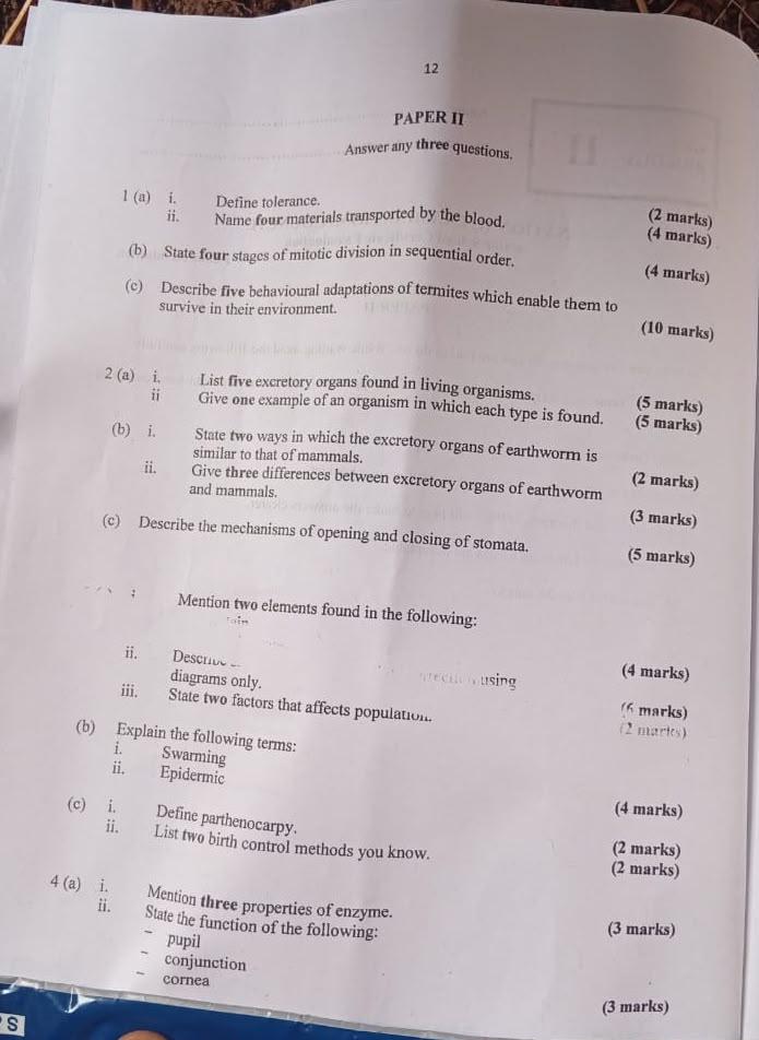 Neco Biology Questions and Answers
