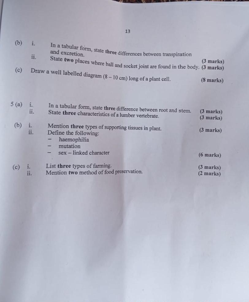 Neco Biology Questions and Answers