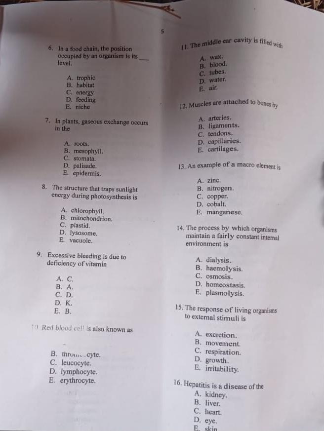 Neco Biology Questions and Answers