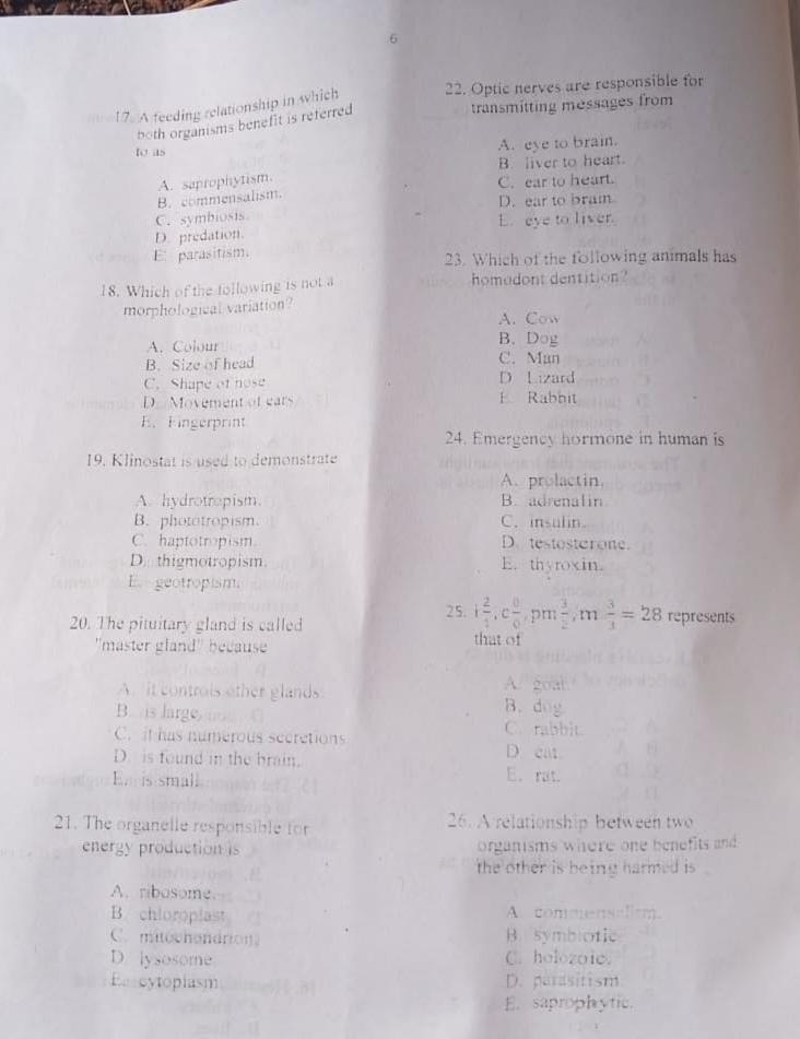 Neco Biology Questions and Answers